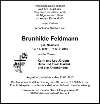Anzeige  Brunhilde Feldmann  Lippische Landes-Zeitung