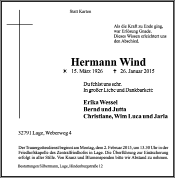Anzeige  Hermann Wind  Lippische Landes-Zeitung