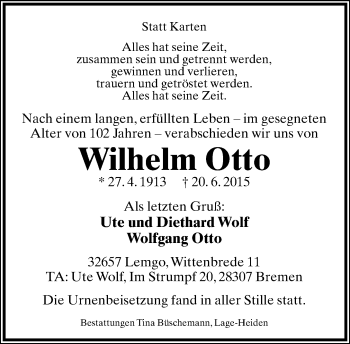 Anzeige  Wilhelm Otto  Lippische Landes-Zeitung
