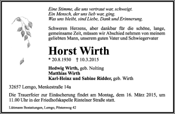 Anzeige  Horst Wirth  Lippische Landes-Zeitung