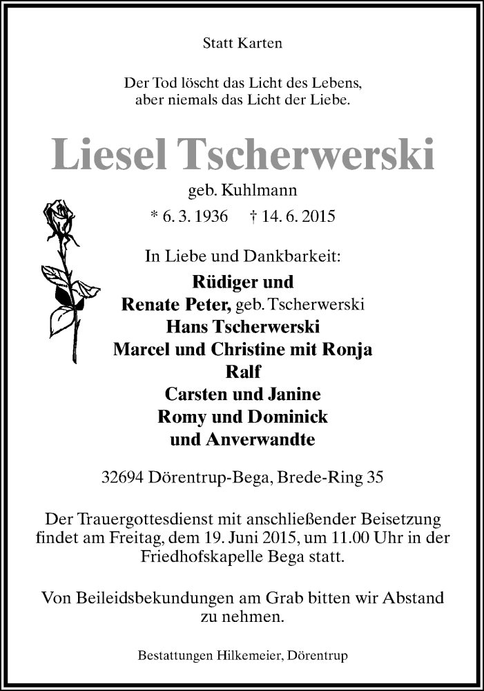  Traueranzeige für Liesel Tscherwerski vom 17.06.2015 aus Lippische Landes-Zeitung