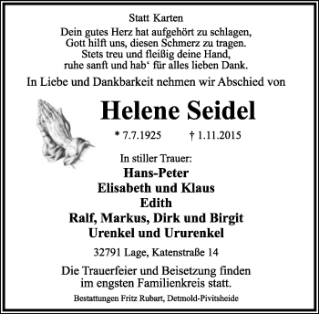 Anzeige  Helene Seidel  Lippische Landes-Zeitung