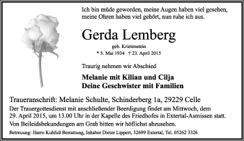 Anzeige  Gerda Lemberg  Lippische Landes-Zeitung