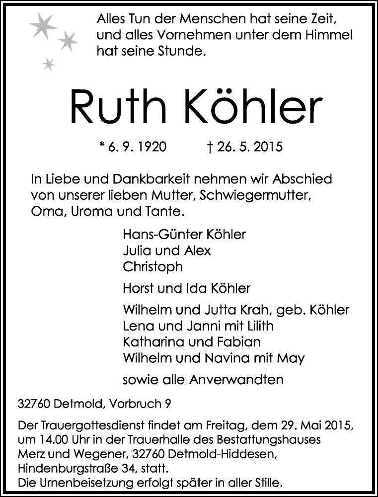  Traueranzeige für Ruth Köhler vom 27.05.2015 aus Lippische Landes-Zeitung