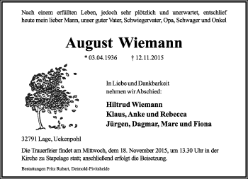 Anzeige  August Wiemann  Lippische Landes-Zeitung