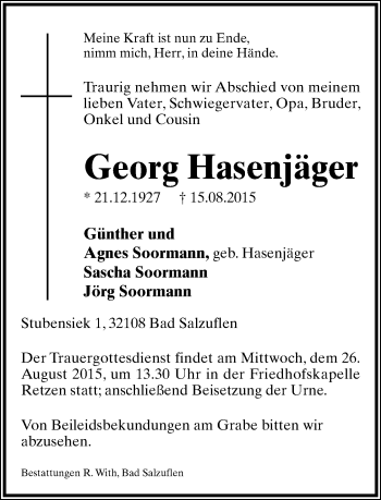 Anzeige  Georg Hasenjäger  Lippische Landes-Zeitung