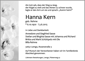 Anzeige  Hanna Kern  Lippische Landes-Zeitung