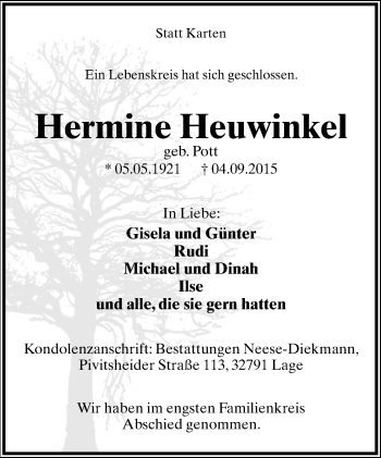 Anzeige  Hermine Heuwinkel  Lippische Landes-Zeitung