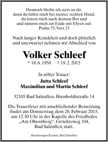 Anzeige  Volker Schleef  Lippische Landes-Zeitung