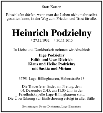 Anzeige  Heinrich Podzielny  Lippische Landes-Zeitung