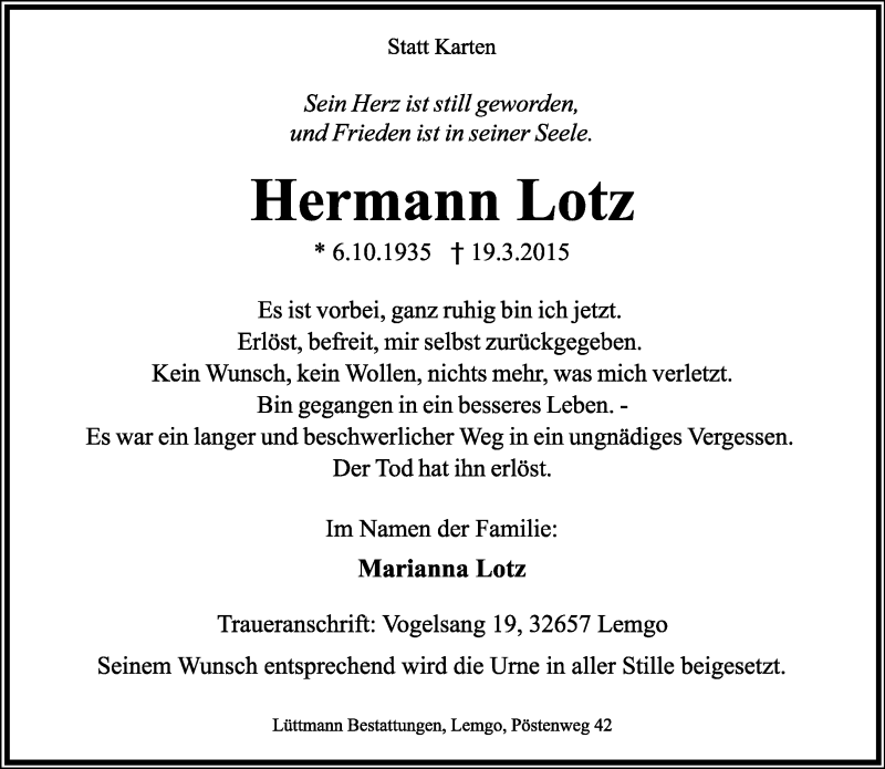  Traueranzeige für Hermann Lotz vom 21.03.2015 aus Lippische Landes-Zeitung