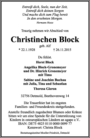 Anzeige  Christinchen Block  Lippische Landes-Zeitung
