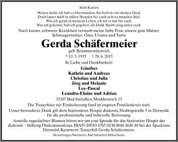 Anzeige  Gerda Schäfermeier  Lippische Landes-Zeitung
