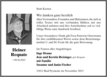 Anzeige  Heiner Requate  Lippische Landes-Zeitung