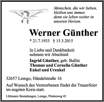 Anzeige  Werner Günther  Lippische Landes-Zeitung