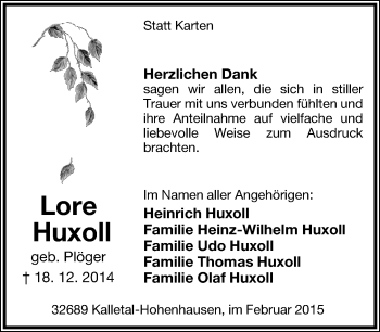 Anzeige  Lore Huxoll  Lippische Landes-Zeitung