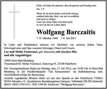 Anzeige  Wolfgang Barczaitis  Lippische Landes-Zeitung