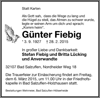 Anzeige  Günter Fiebig  Lippische Landes-Zeitung