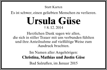 Anzeige  Ursula Güse  Lippische Landes-Zeitung