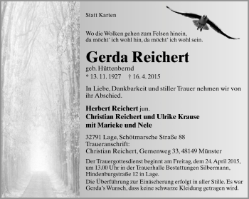 Anzeige  Gerda Reichert  Lippische Landes-Zeitung