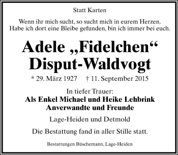 Anzeige  Adele Disput-Waldvogt  Lippische Landes-Zeitung