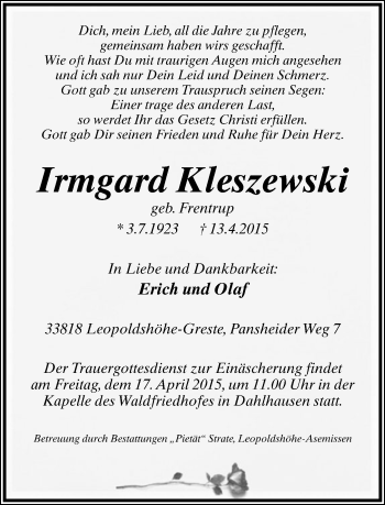 Anzeige  Irmgard Kleszewski  Lippische Landes-Zeitung