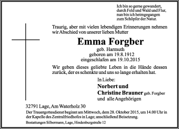 Anzeige  Emma Forgber  Lippische Landes-Zeitung