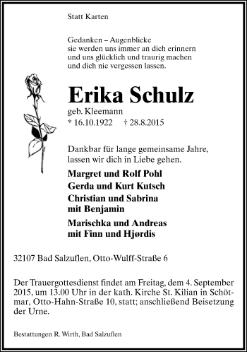 Anzeige  Erika Schulz  Lippische Landes-Zeitung