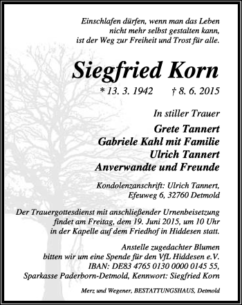 Anzeige  Siegfried Korn  Lippische Landes-Zeitung