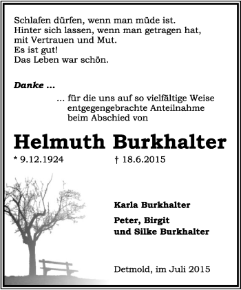 Anzeige  Helmuth Burkhalter  Lippische Landes-Zeitung