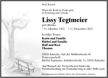 Anzeige  Lissy Tegtmeier  Lippische Landes-Zeitung