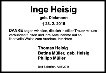 Anzeige  Inge Heisig  Lippische Landes-Zeitung