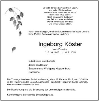 Anzeige  Ingeborg Köster  Lippische Landes-Zeitung