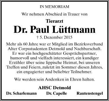 Anzeige  Paul Lüttmann  Lippische Landes-Zeitung
