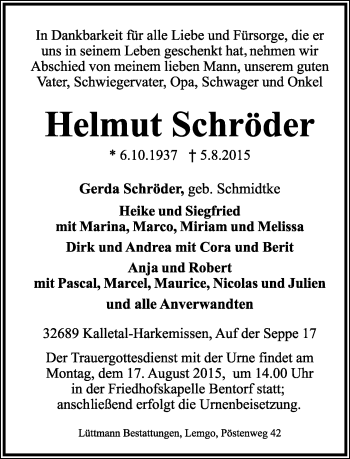 Anzeige  Helmut Schröder  Lippische Landes-Zeitung