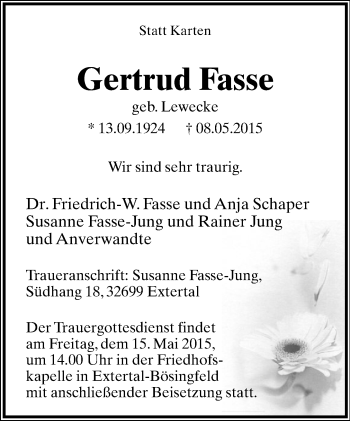 Anzeige  Gertrud Fasse  Lippische Landes-Zeitung