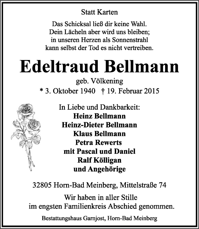  Traueranzeige für Edeltraud Bellmann vom 28.02.2015 aus Lippische Landes-Zeitung