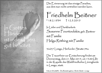Anzeige  Friedhelm Beißner  Lippische Landes-Zeitung