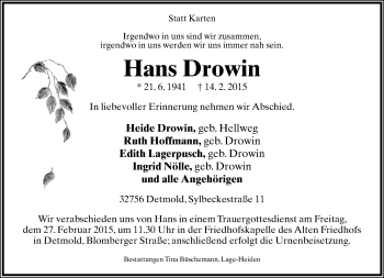 Anzeige  Hans Drowin  Lippische Landes-Zeitung