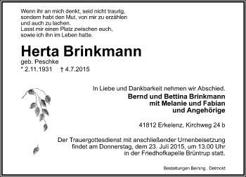 Anzeige  Herta Brinkmann  Lippische Landes-Zeitung