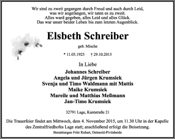 Anzeige  Elsbeth Schreiber  Lippische Landes-Zeitung