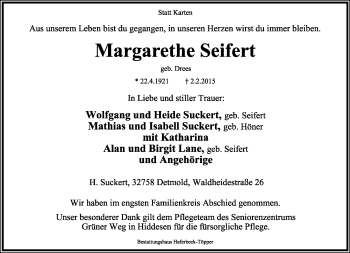 Anzeige  Margarethe Seifert  Lippische Landes-Zeitung