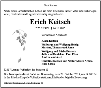 Anzeige  Erich Keitsch  Lippische Landes-Zeitung
