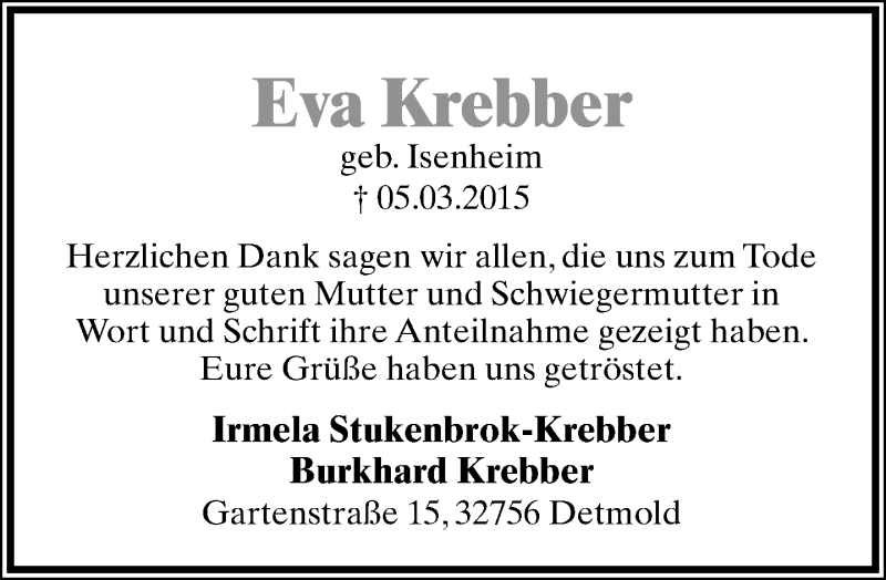  Traueranzeige für Eva Krebber vom 28.03.2015 aus Lippische Landes-Zeitung