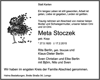 Anzeige  Meta Stoczek  Lippische Landes-Zeitung