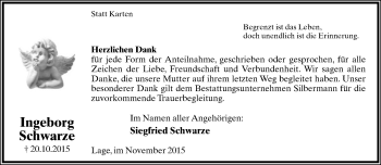 Anzeige  Ingeborg Schwarze  Lippische Landes-Zeitung