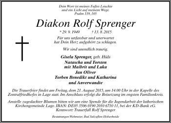 Anzeige  Rolf Sprenger  Lippische Landes-Zeitung