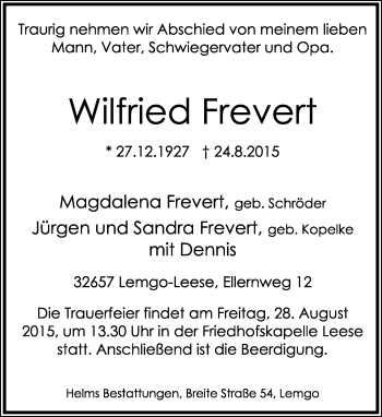 Anzeige  Wilfried Frevert  Lippische Landes-Zeitung