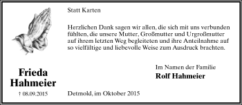 Anzeige  Frieda Hahmeier  Lippische Landes-Zeitung