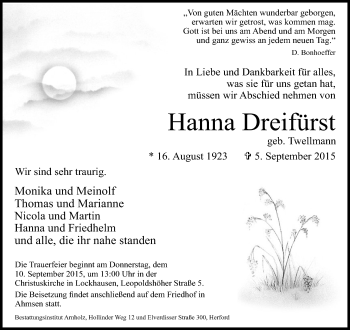 Anzeige  Hanna Dreifürst  Lippische Landes-Zeitung